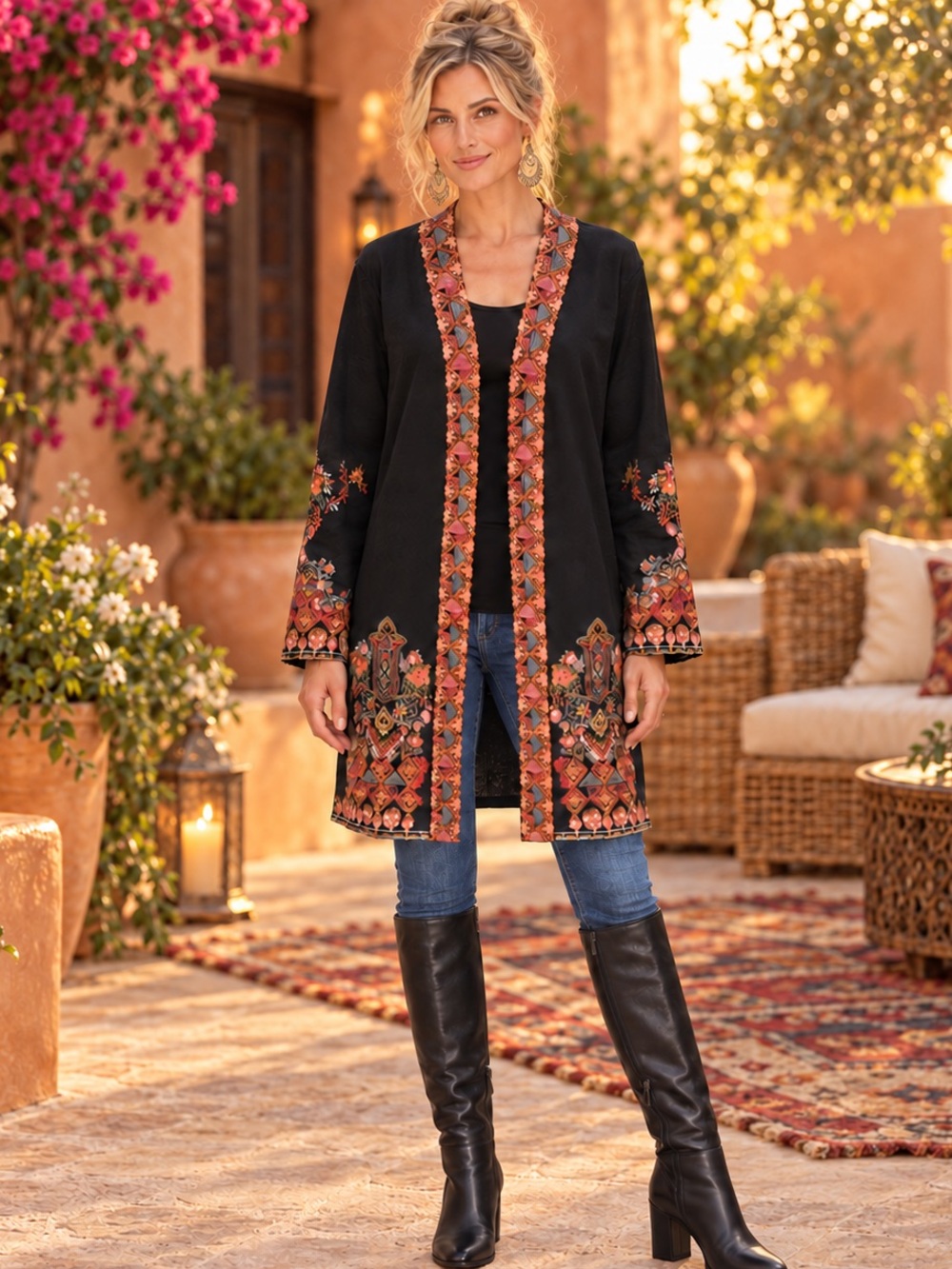 Soft Surroundings XL Black Embroidered Boho Open Front Jacket
